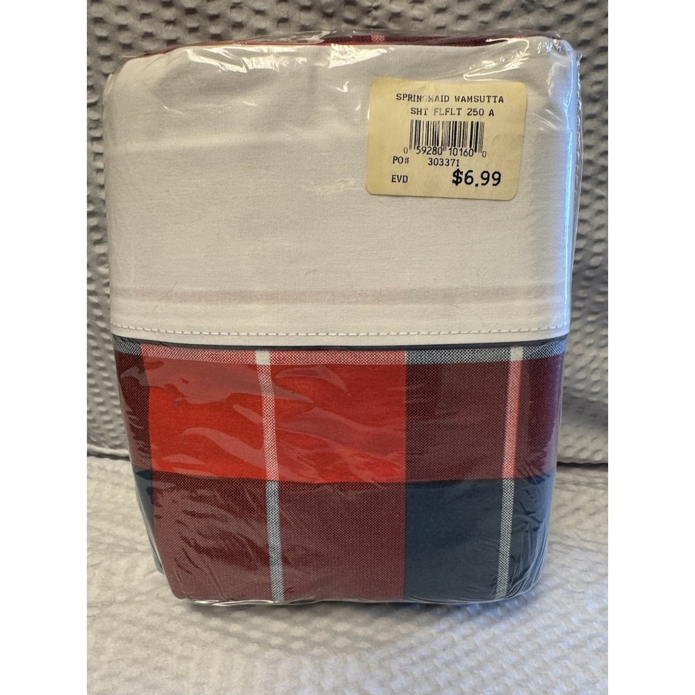 NEW Vintage Springmaid Wamsutta Full Flat Sheet Red/White/Blue Plaid USA Made